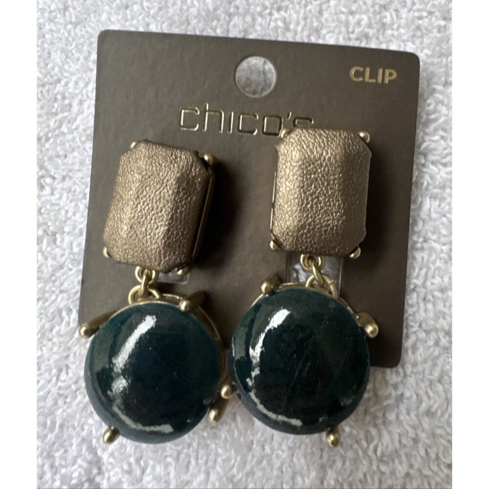 Chicos Clip On Earrings Dark Gold Deep Emerald Green Faux Marble Drop Dangle NEW